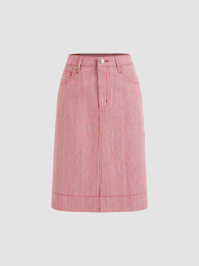 Cider Denim Mid Rise Striped Split Pocket Midi Skirt Product Image