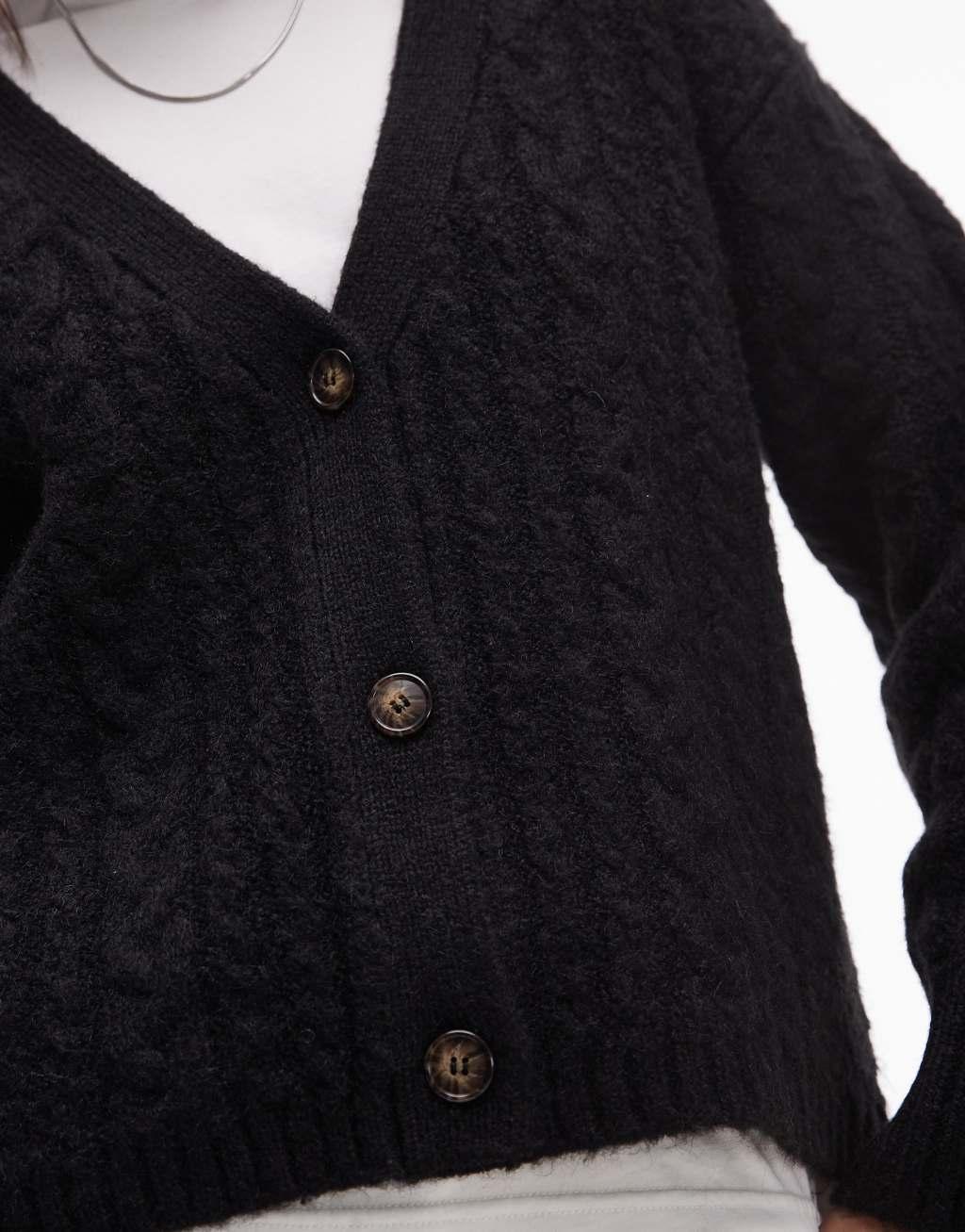 Topshop knitted v-neck cable detail relaxed cardigan in black Product Image