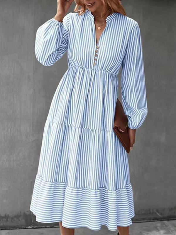 Loose Puff Sleeves Pleated Split-Joint Striped V-Neck Midi Dresses Shirt Dress Product Image