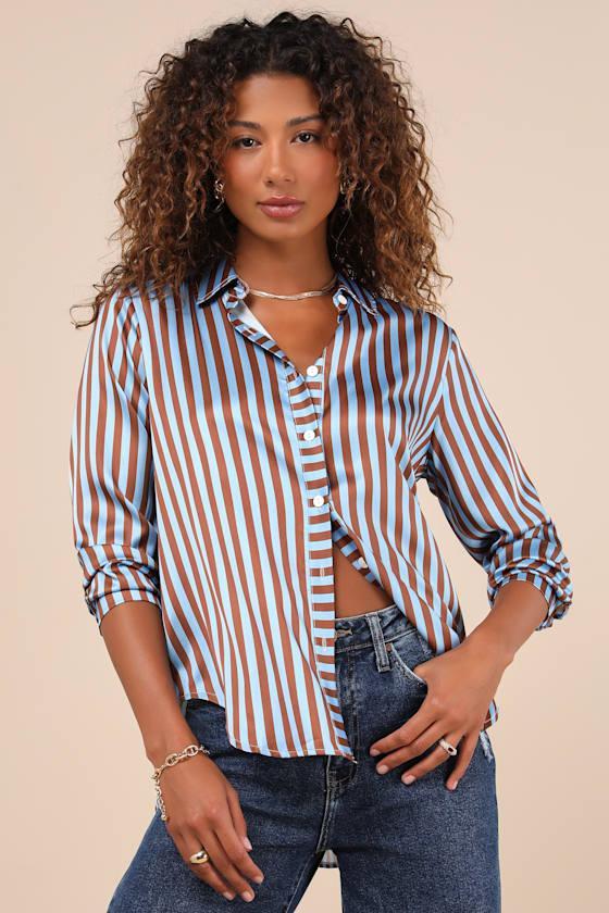 Playfully Composed Brown and Blue Striped Satin Button-Up Top Product Image