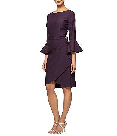 Alex Evenings Round Neck 34 Bell Sleeve Embellished Brooch Cascade Ruffle Compression Scuba Crepe Sheath Dress product image