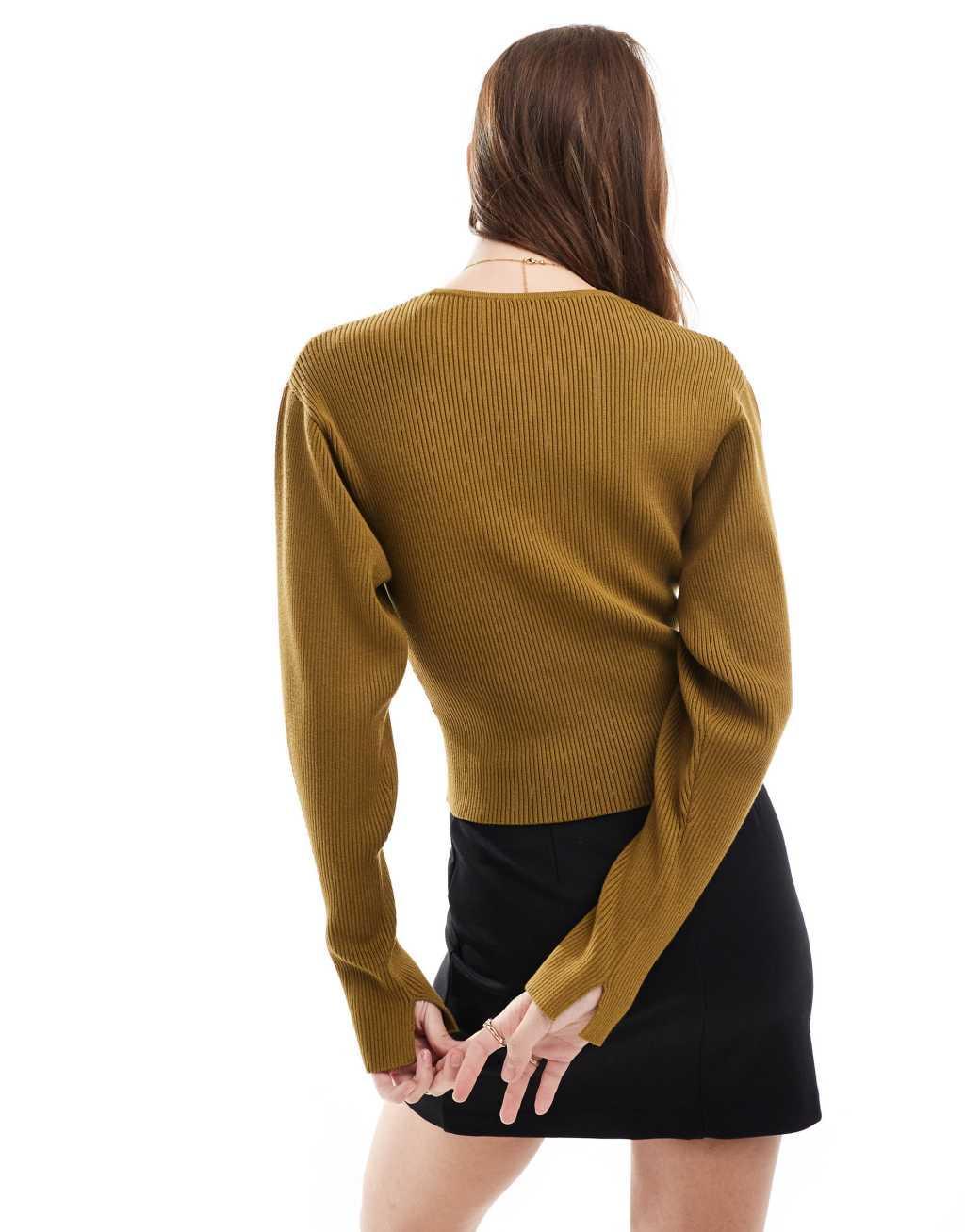 & Other Stories knit fitted sweater with sculptural sleeves in dark khaki green Product Image