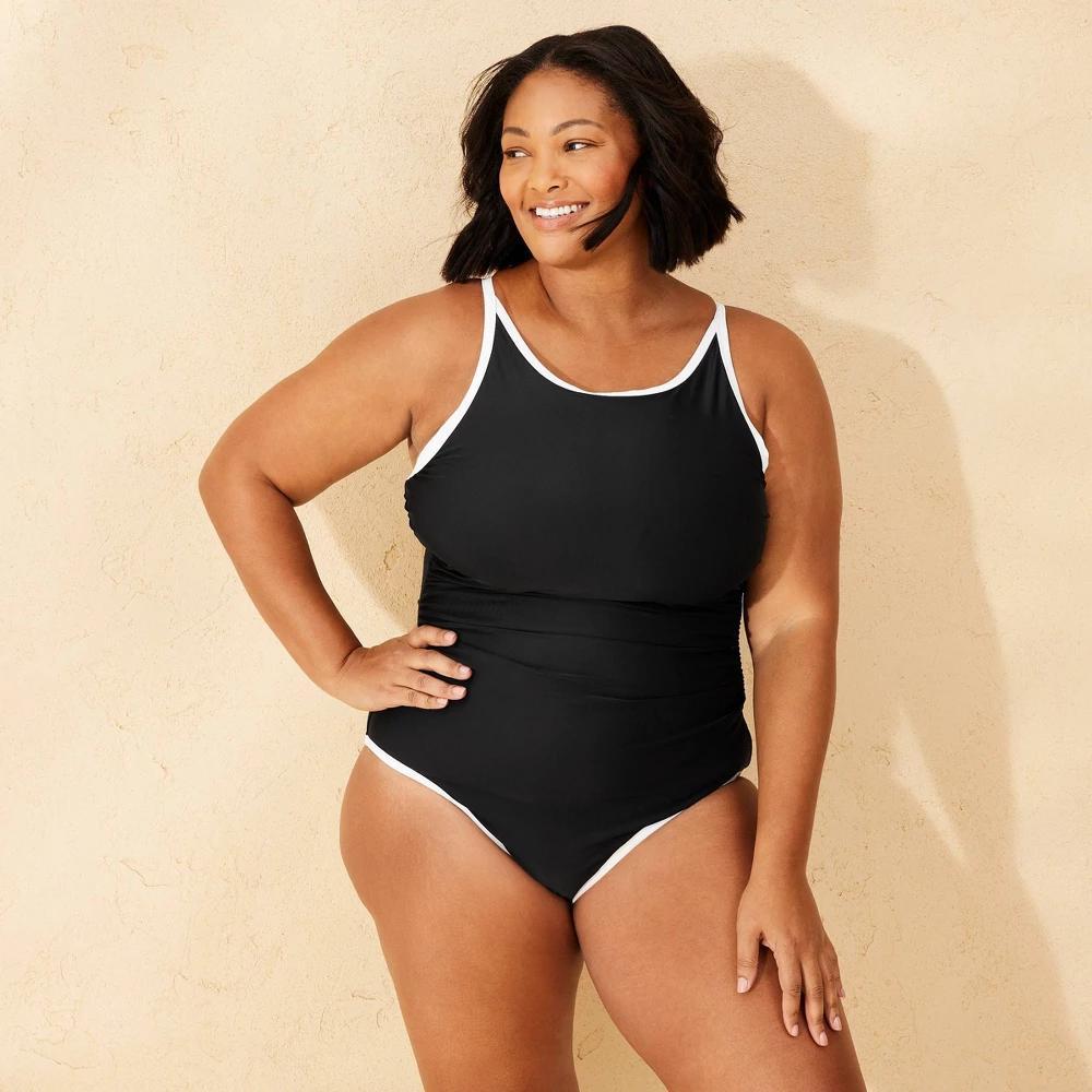 Womens Contrast Binding High Neck Full Coverage Tummy Control One Piece Swimsuit - Shade & Shore Black 22 Product Image