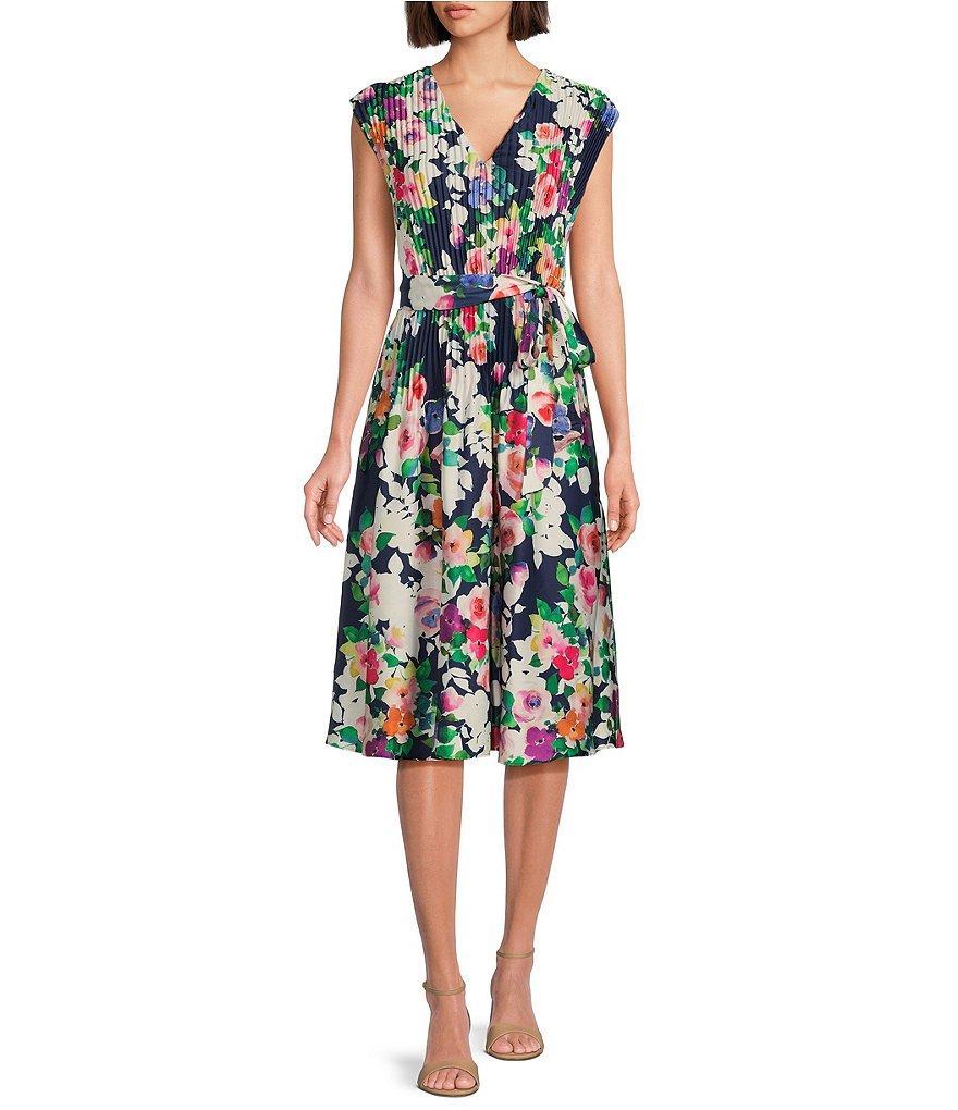 Jessica Howard Petite Size Cap Sleeve V-Neck Tie Waist Floral Pleated Dress Product Image