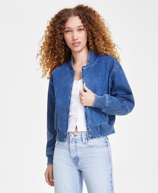 Levis Womens Ribbed-Edge Cropped Denim Bomber Jacket Product Image