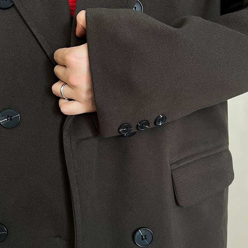 Peak Lapel Plain Double-Breasted Long Coat Product Image