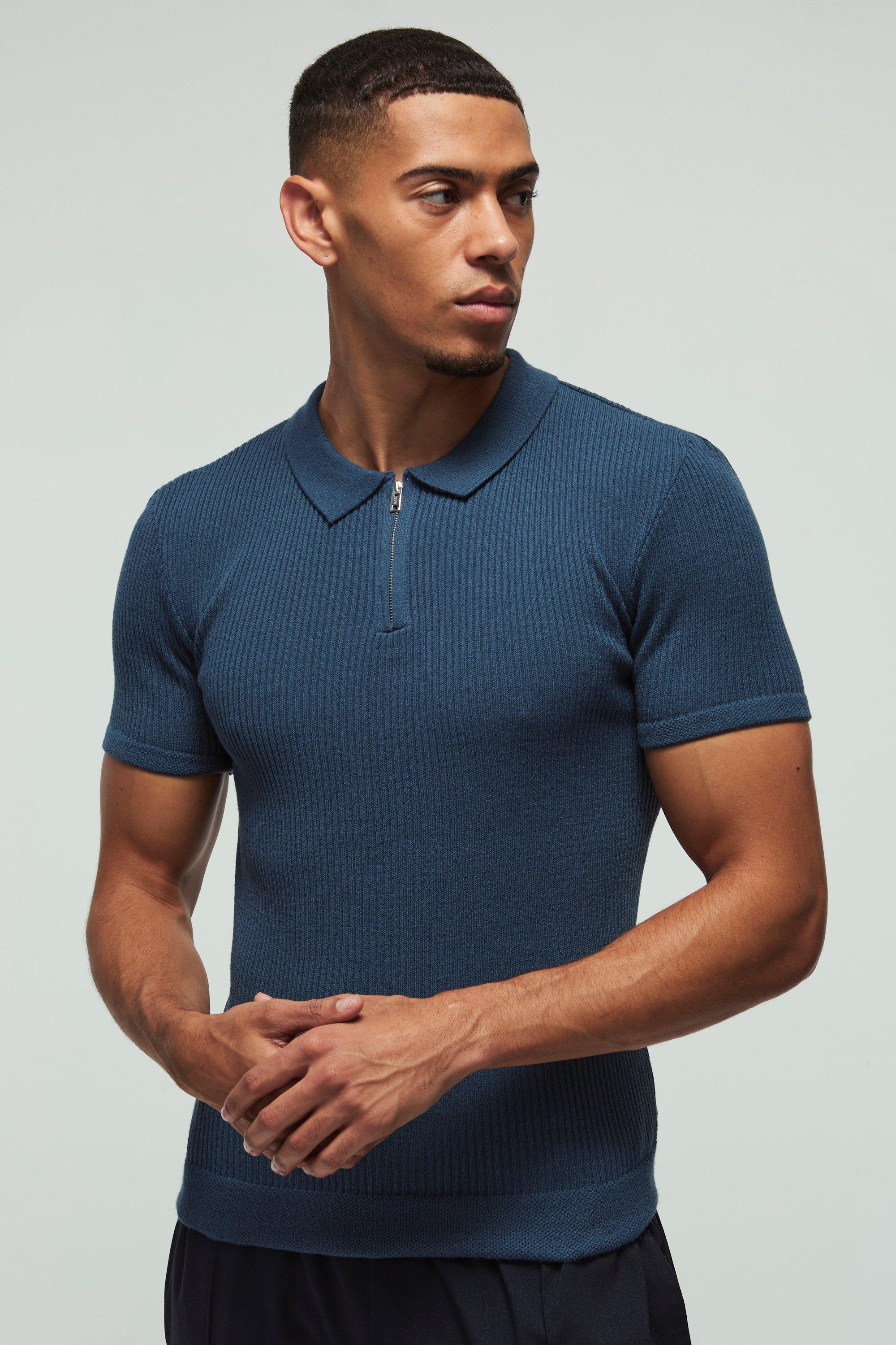 Muscle Fit Ribbed Zip Neck Knitted Polo | boohooMAN USA Product Image