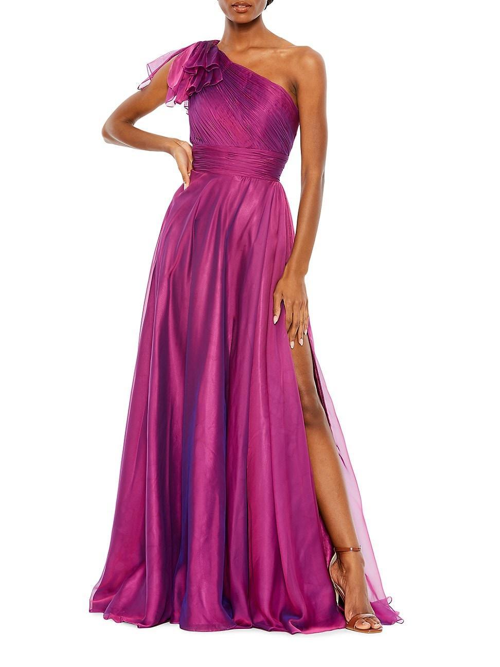 Mac Duggal Chiffon Pleated Asymmetrical Neck Shoulder Ruffle Cap Sleeve Thigh High Slit Gown Product Image