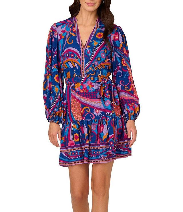 Adrianna by Adrianna Papell Abstract Printed Surplice V-Neck Long Sleeve Dress Product Image