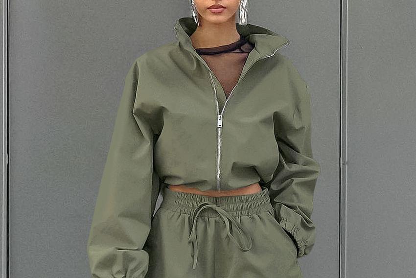 Set: Stand Collar Plain Zip-Up Crop Jacket + High Waist Wide Leg Shorts Product Image