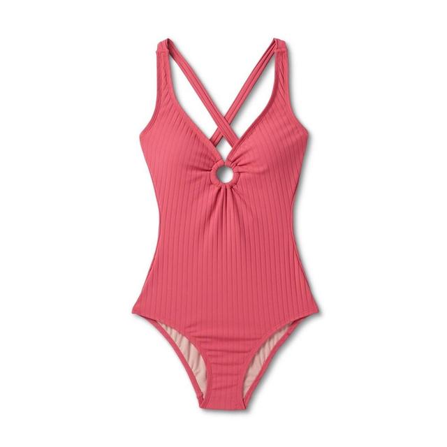 Womens Wide Ribbed Center Ring Medium Coverage One Piece Swimsuit - Kona Sol Red M Product Image