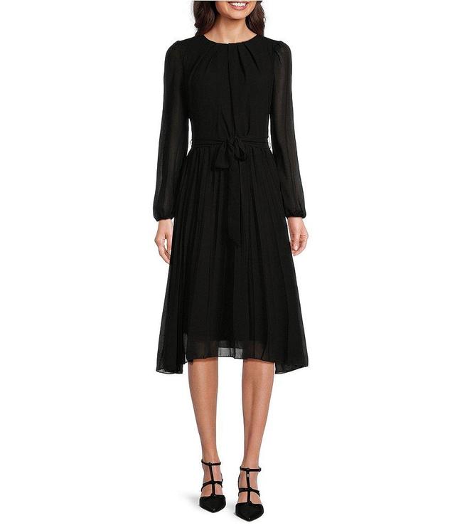 Leslie Fay Chiffon Crepe Round Neck Balloon Sleeves Pleated Belted Midi Dress Product Image