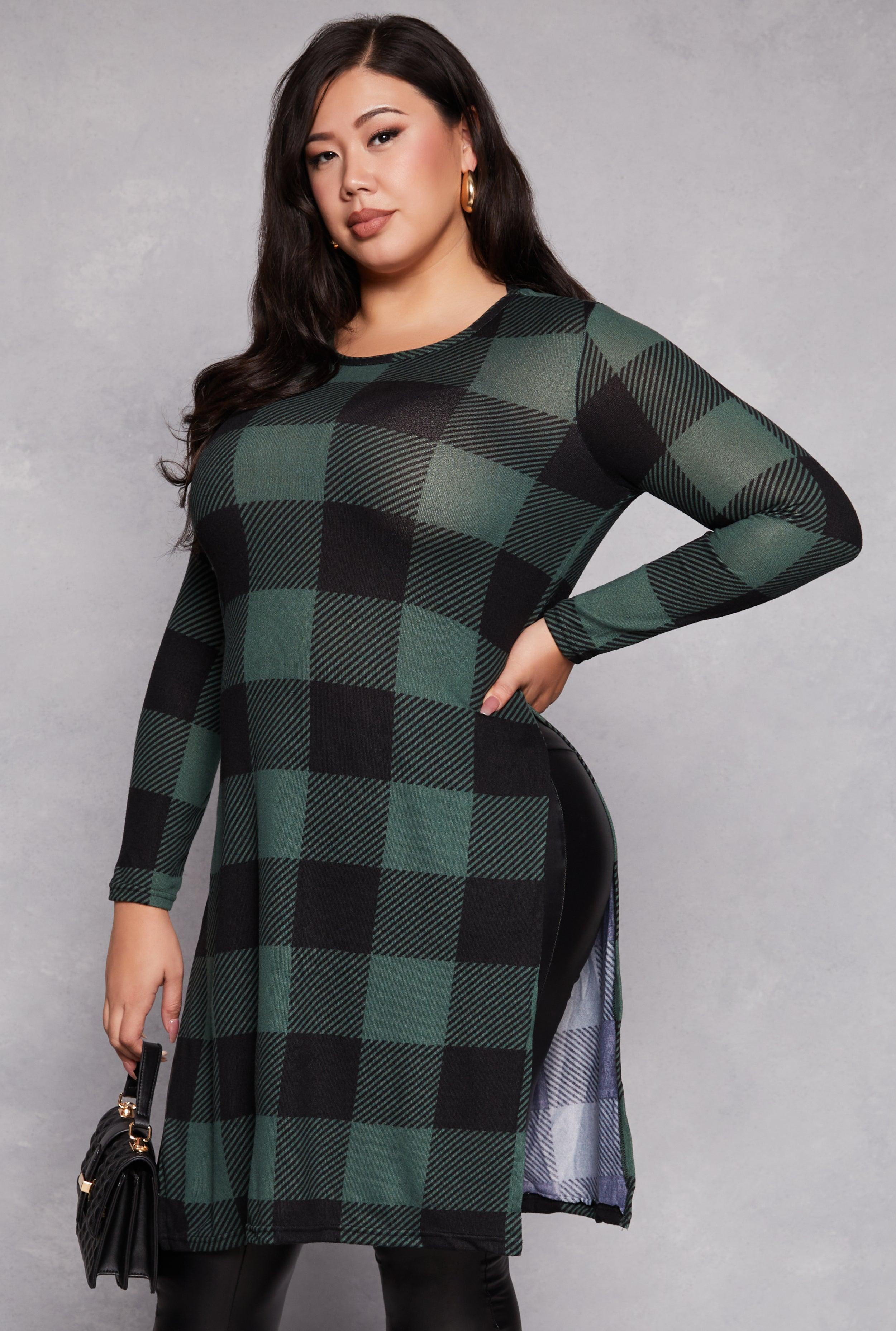 Womens Plus Size Buffalo Plaid Side Slit Tunic Top Product Image