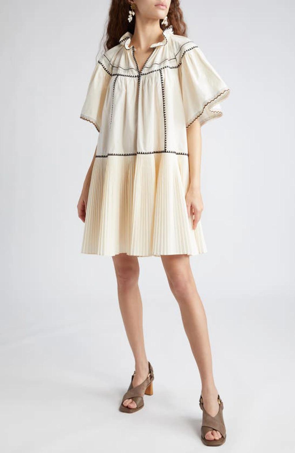 Desi Pleated Embroidered Cotton-poplin Mini Dress In Beige product image