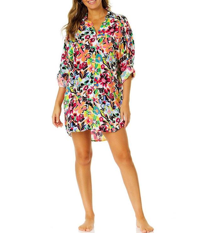 Anne Cole Sun Blossom Floral Print Swim Cover-Up Boyfriend Shirt Product Image