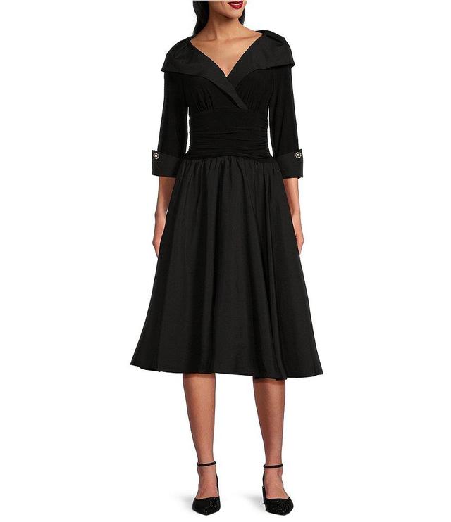 Jessica Howard Jersey Taffeta 3/4 Sleeve Portrait Collar Ruched A-Line Midi Dress Product Image