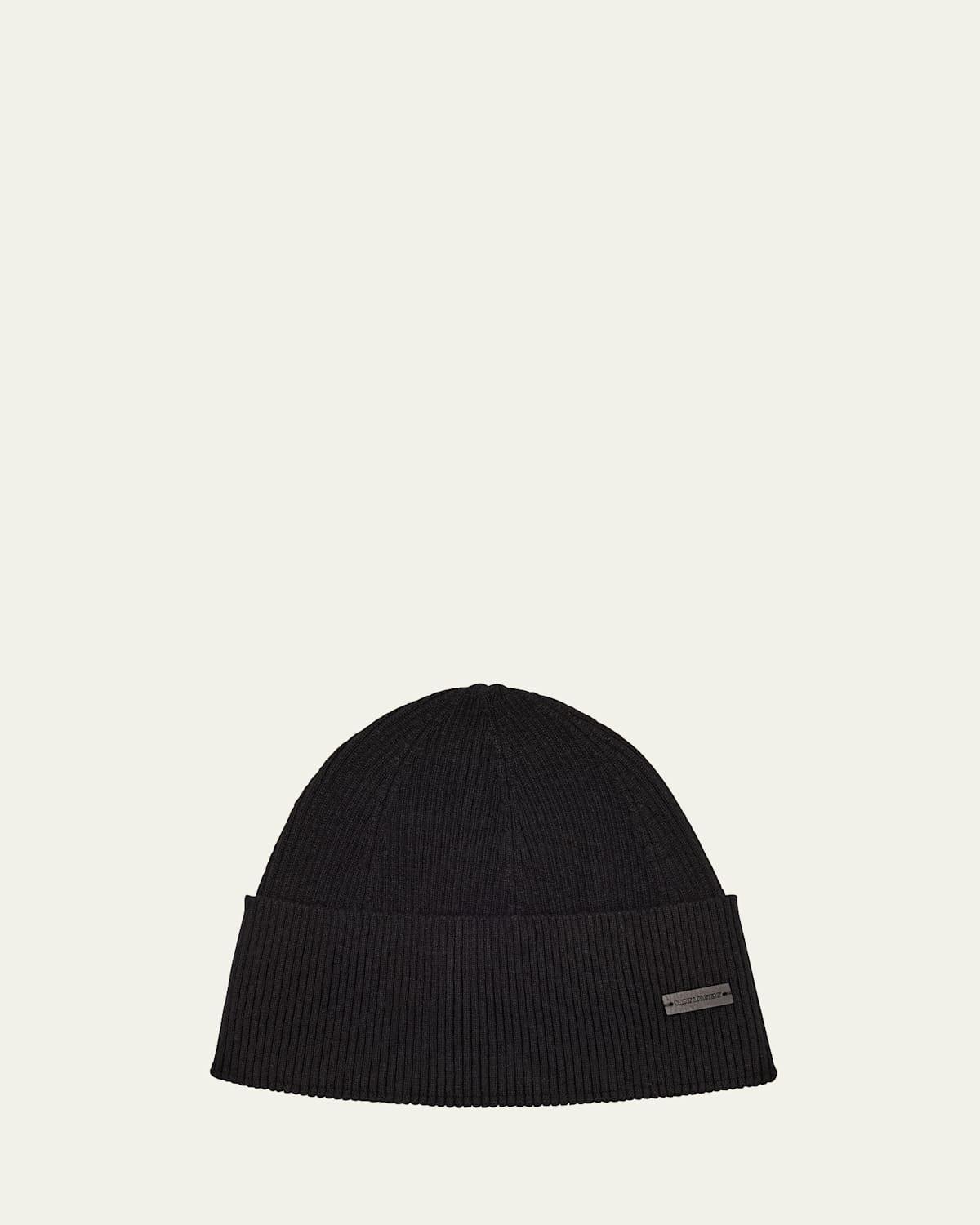 Mens Cashmere Knit Beanie Hat with Leather Logo Product Image