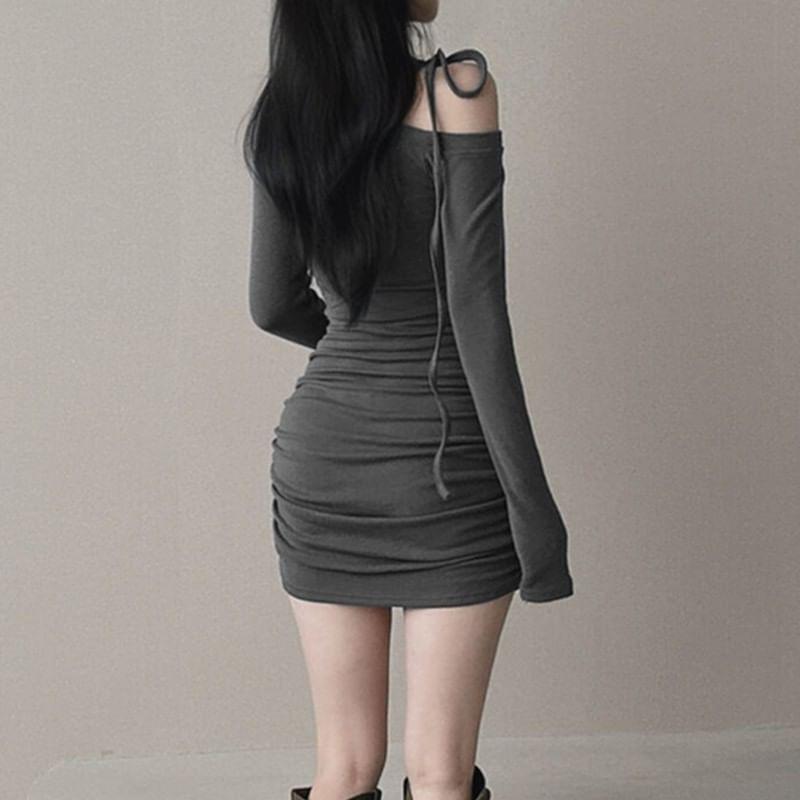 Long Sleeve Cold-Shoulder Tie-Shoulder Plain Ruched Knit Mini Bodycon Dress Product Image