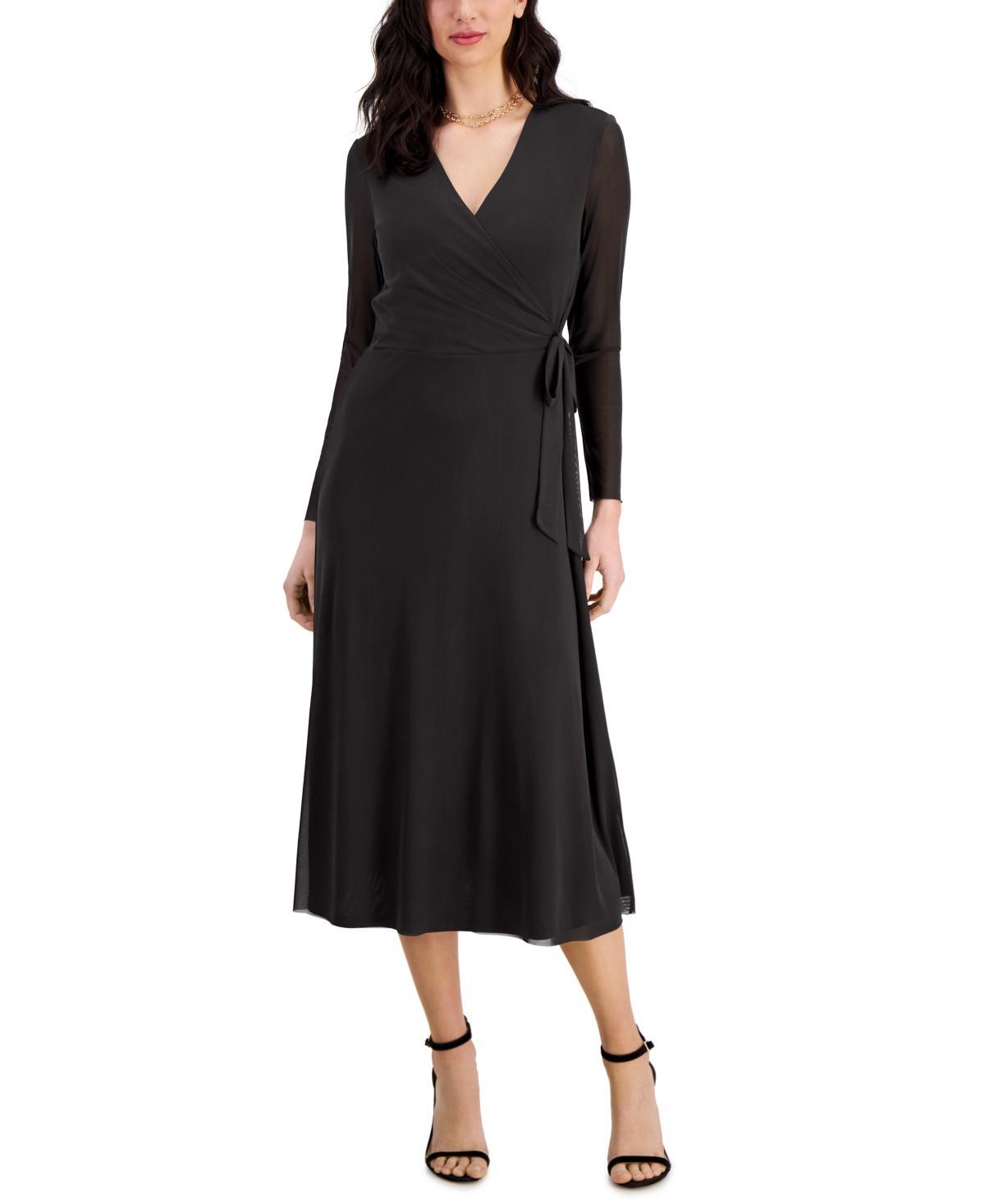 Anne Klein Womens Faux-Wrap Mesh-Sleeve Midi Dress Product Image