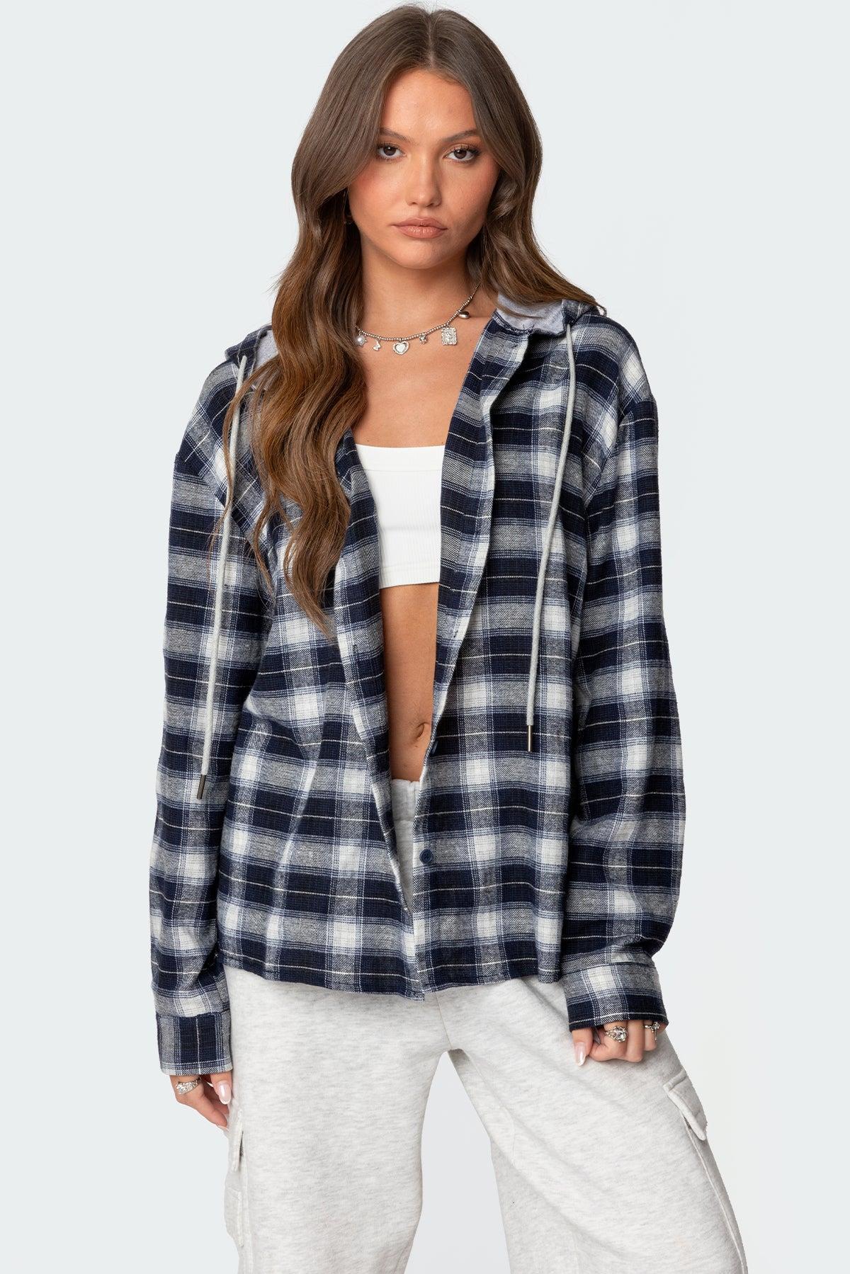 Plaid Hooded Button Up Shirt Product Image