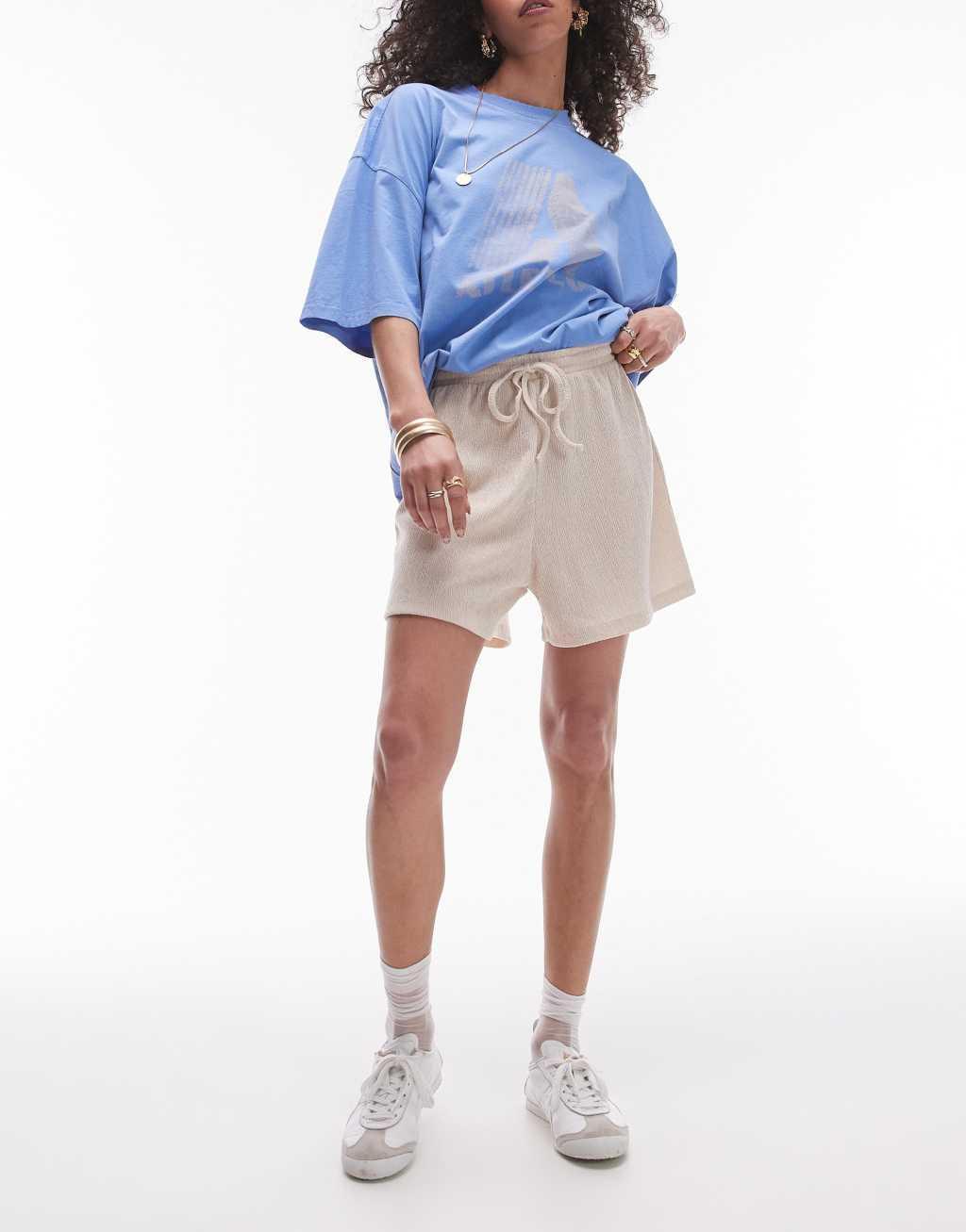 Topshop casual crinkle drawstring shorts in stone Product Image