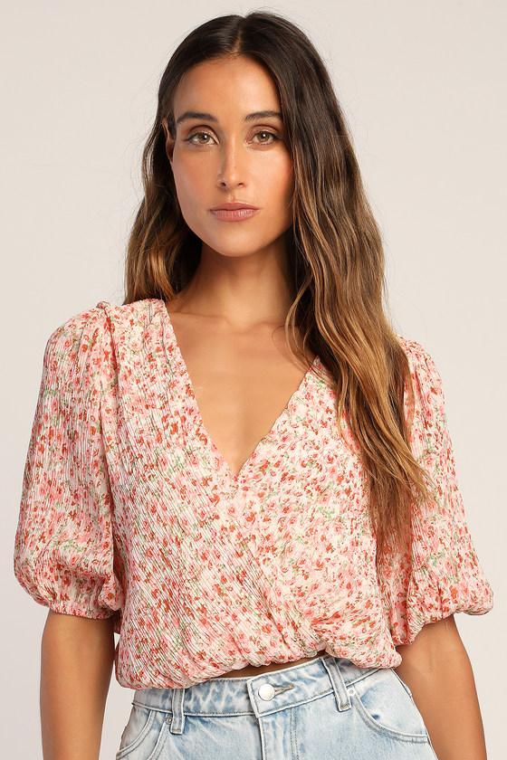 Flirty Florals Pink Floral Print Crinkle Surplice Crop Top Product Image