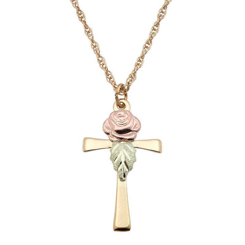 Black Hills Gold Tri Tone Rose Cross Pendant Necklace, Womens 10k Gold Product Image