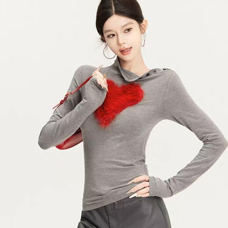 Long-Sleeve Mock Neck Furry Heart Top Product Image