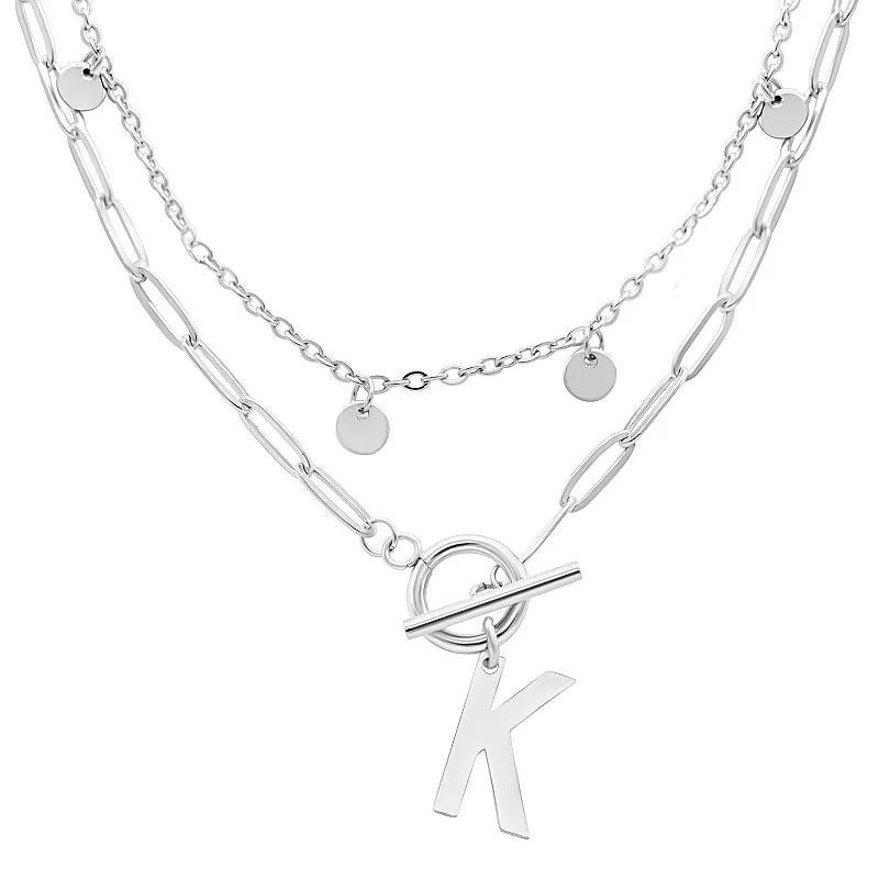 Adornia Silver Tone Confetti & Paperclip Layered Initial Toggle Necklace, Womens Silver Tone K Product Image