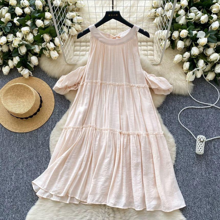 Puff-Sleeve Cold-Shoulder Plain Ruffle Sundress Product Image