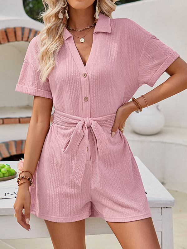 Loose Short Sleeves Buttoned Jacquard Solid Color Tied Waist Lapel Rompers product image