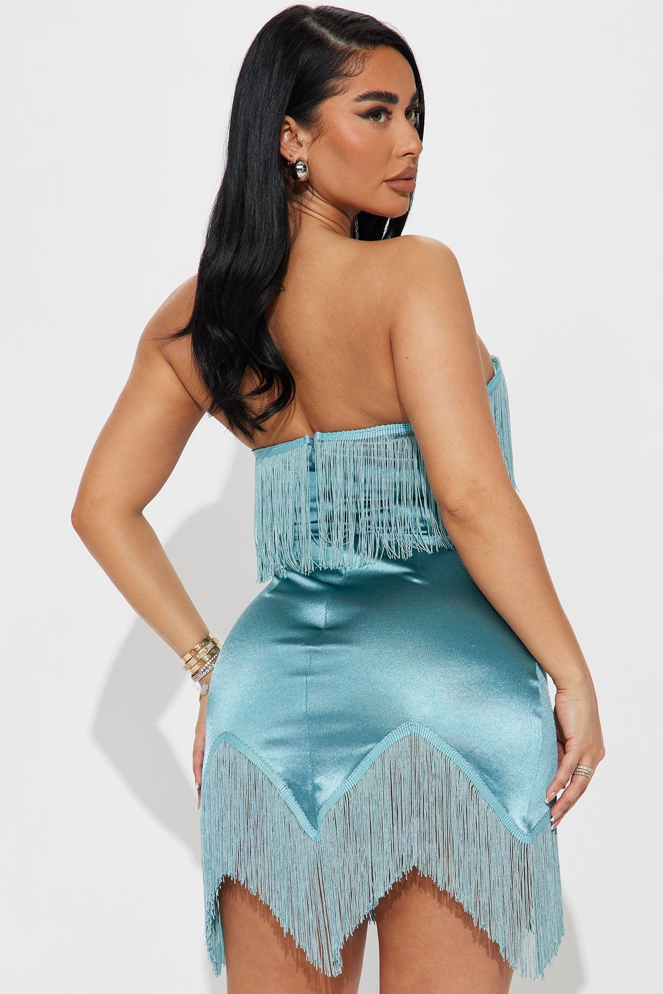 Gwen Fringe Mini Dress - Teal Product Image