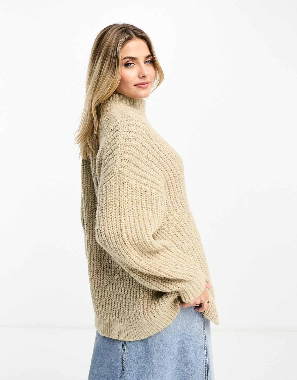 Monki high neck chunky rib knitted sweater with volume sleeve in beige Product Image