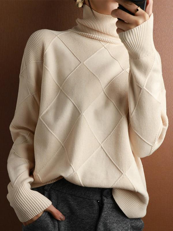 Casual Loose Solid Color Striped High-Neck Long Sleeves Sweater Tops product image