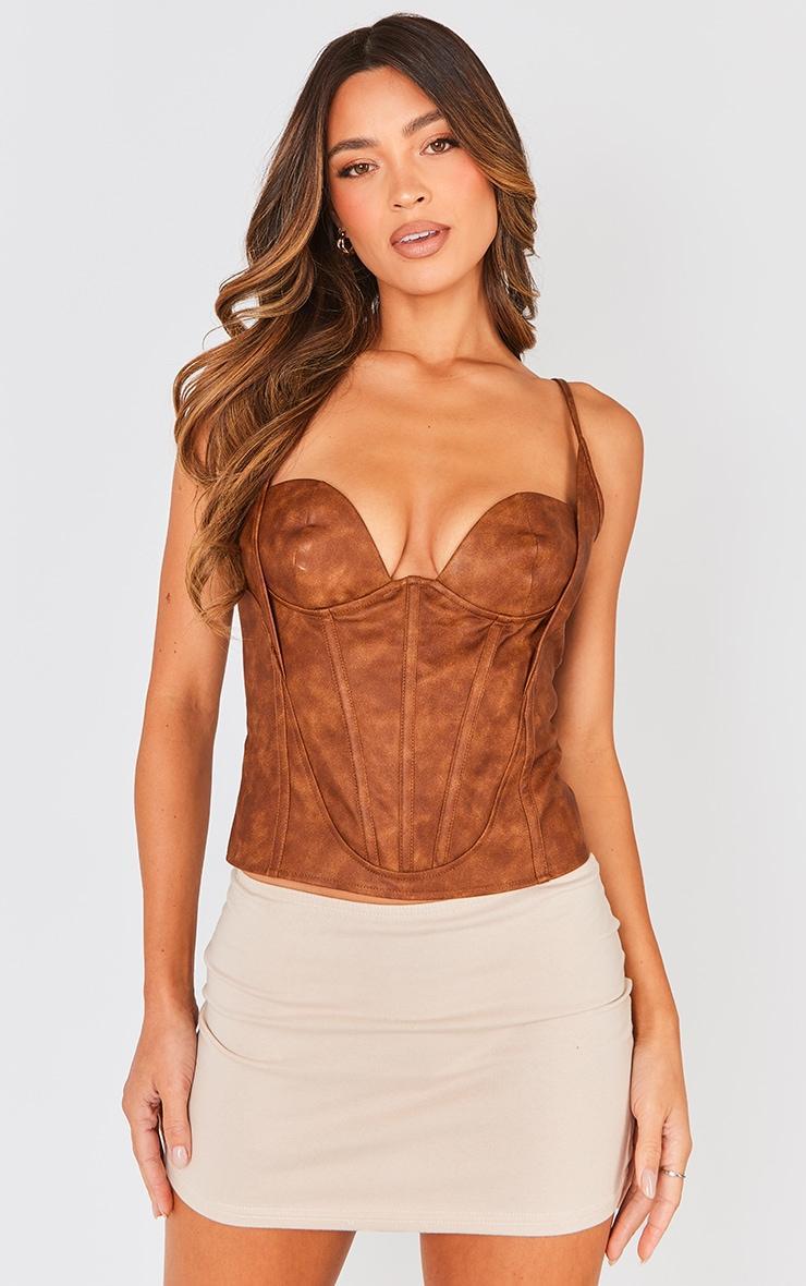 Brown Washed Faux Leather Boned Bust Detail Corset Product Image