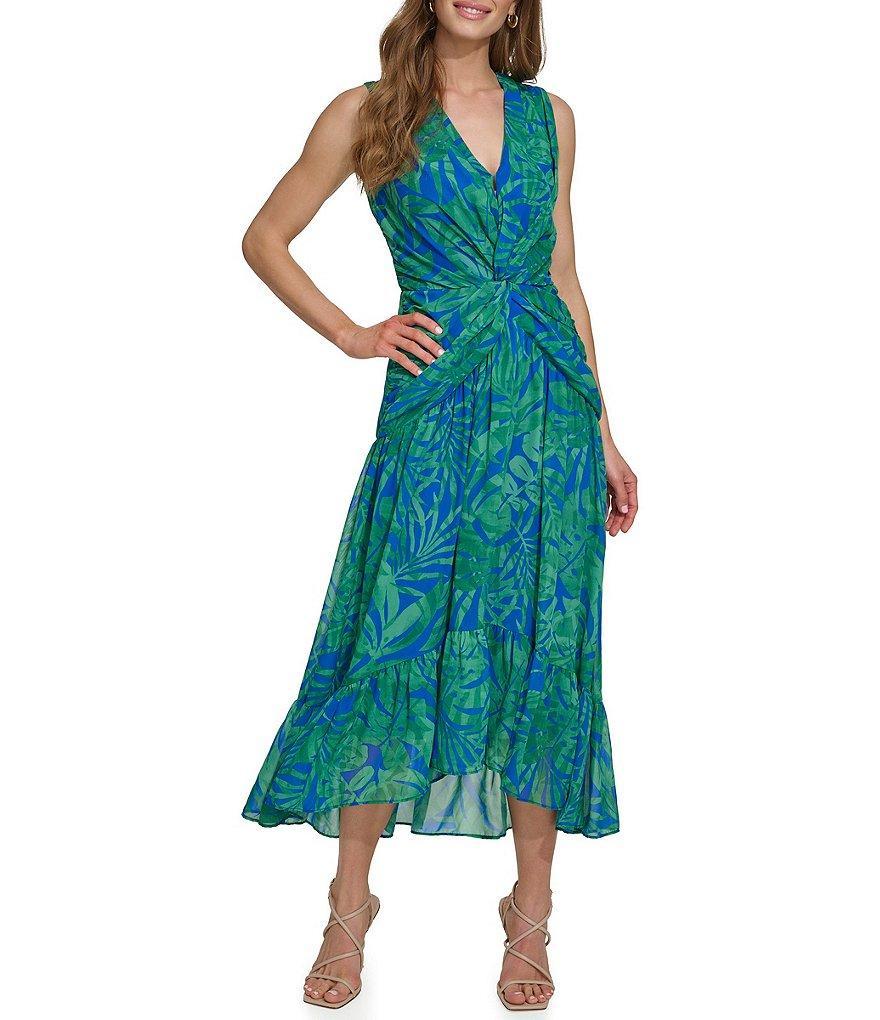 DKNY by Donna Karan Tropical Printed Chiffon V-Neck Sleeveless High Low Ruffle Hem Midi Dress Product Image