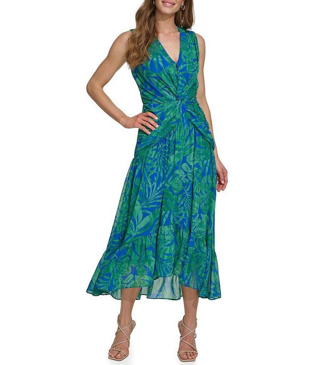 DKNY Tropical Printed Chiffon V-Neck Sleeveless High Low Ruffle Hem Midi Dress Product Image