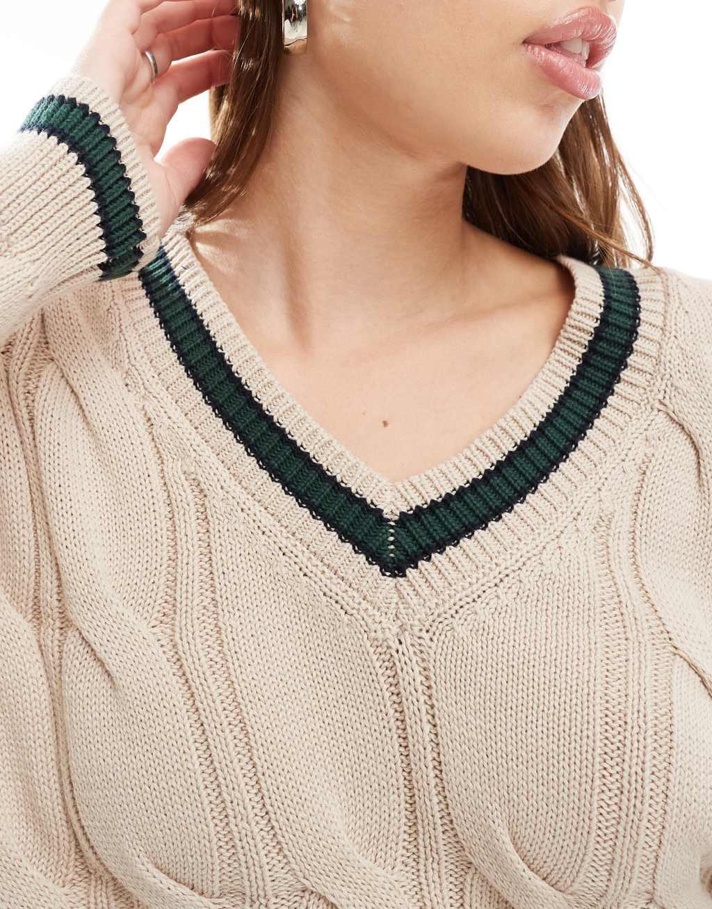 Cotton On cable knit v neck sweater in stone Product Image