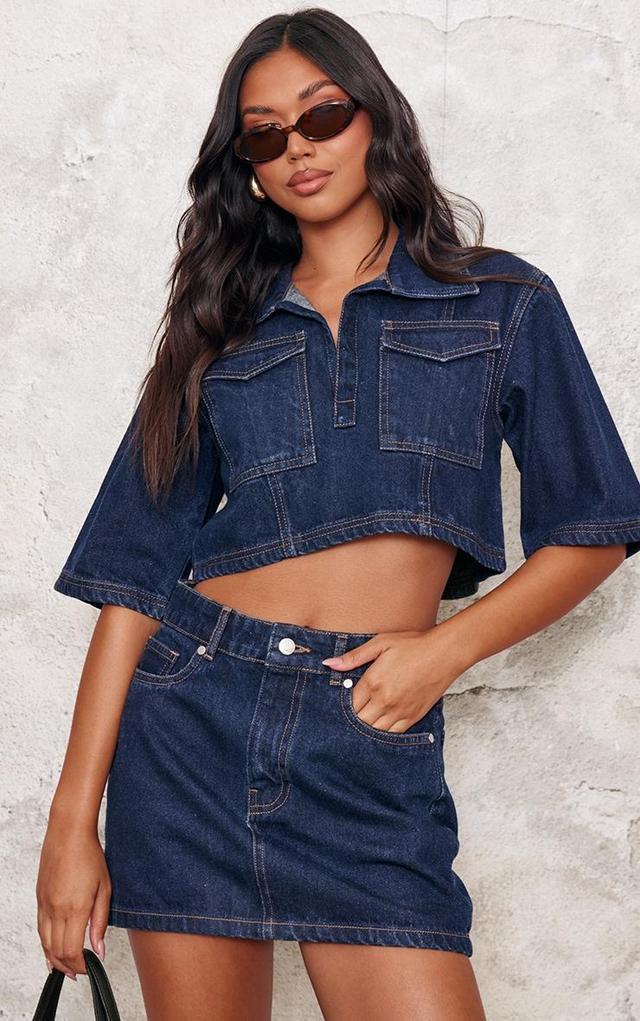 Indigo Contrast Stitch Cropped Denim Shirt Product Image