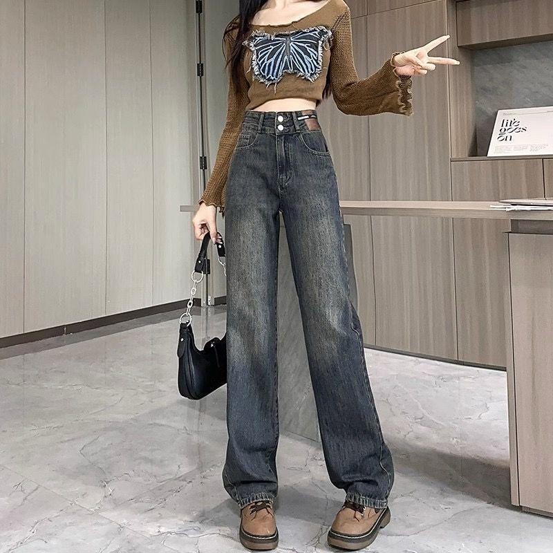 High Rise Washed Straight Leg Jeans Product Image