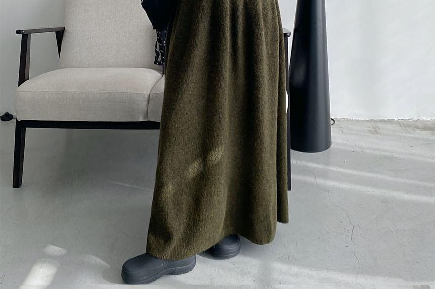 Turtleneck Plain Button Cardigan / High Rise Plain Maxi A-Line Skirt Product Image