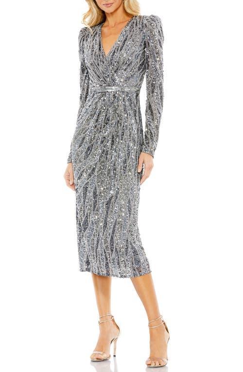 Mac Duggal Long Puffed Sleeve Surplice V-Neck Sequin Embellished Sheath Dress Product Image