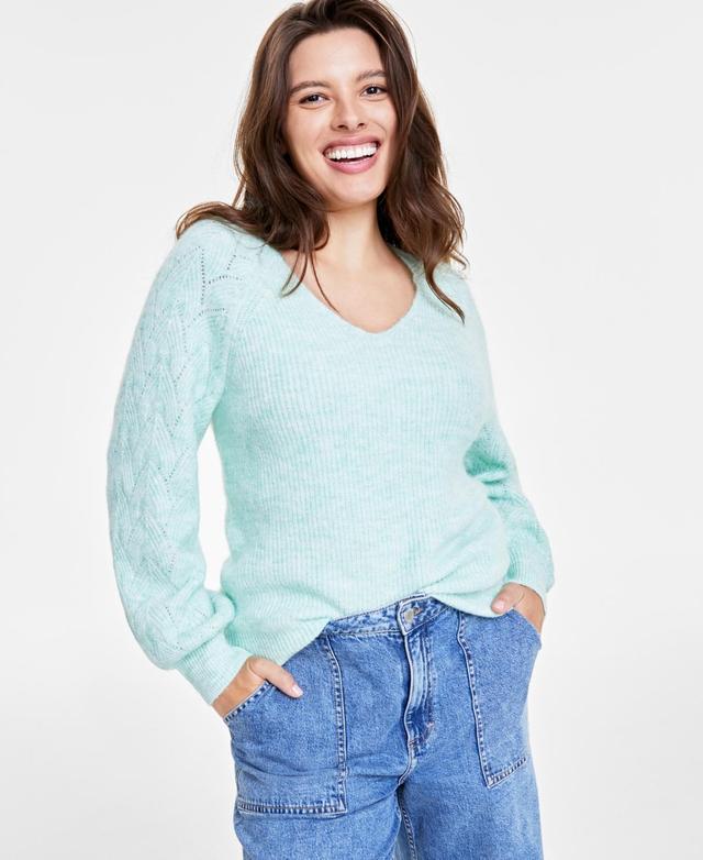 On 34th Womens V-Neck Pointelle-Sleeve Sweater, Created for Macys Product Image