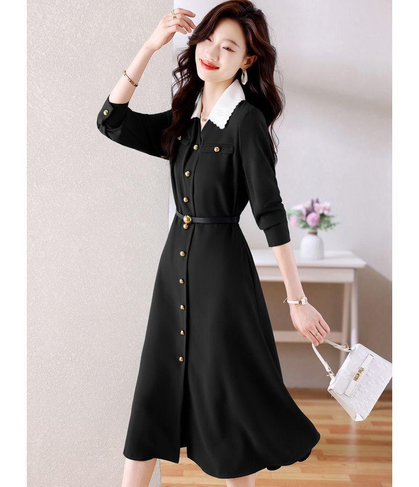 Long-Sleeve Collared Button-Up Midi A-Line Dress Product Image