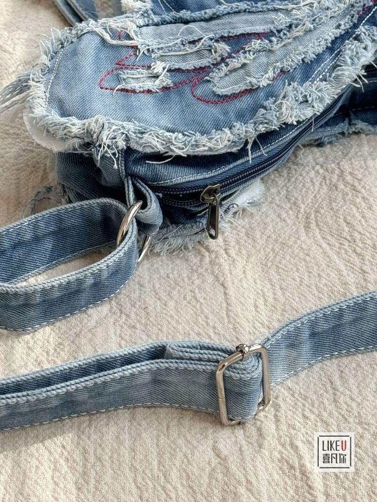 Butterfly Washed Distressed Denim Crossbody Bag Product Image