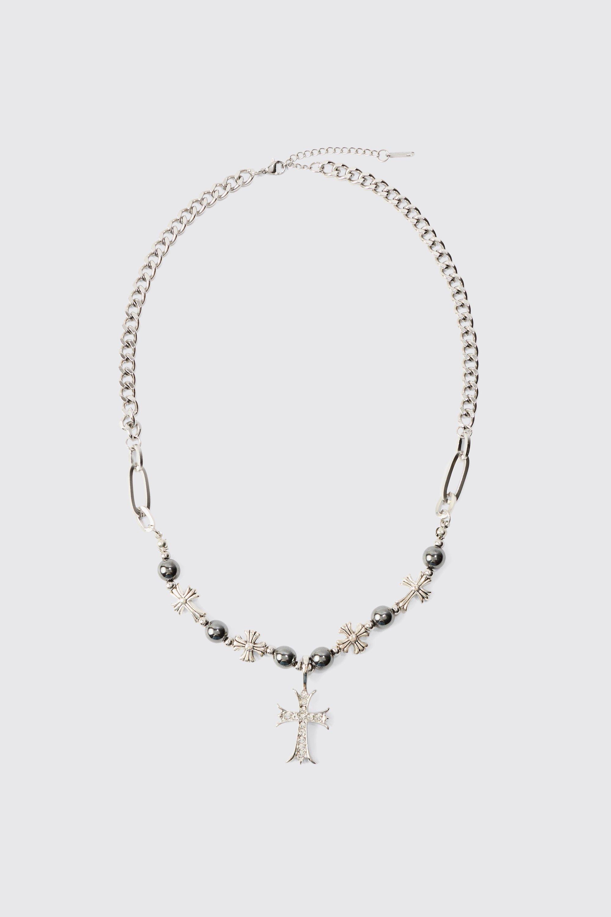 Iced Cross Pendant Pearl Necklace | boohooMAN USA Product Image