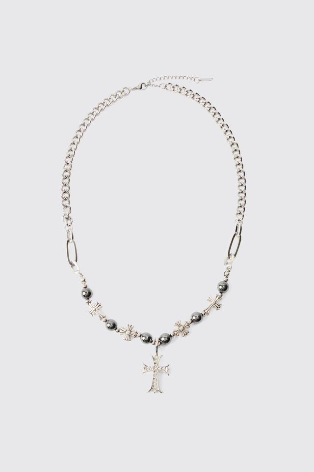 Iced Cross Pendant Pearl Necklace | boohooMAN USA Product Image