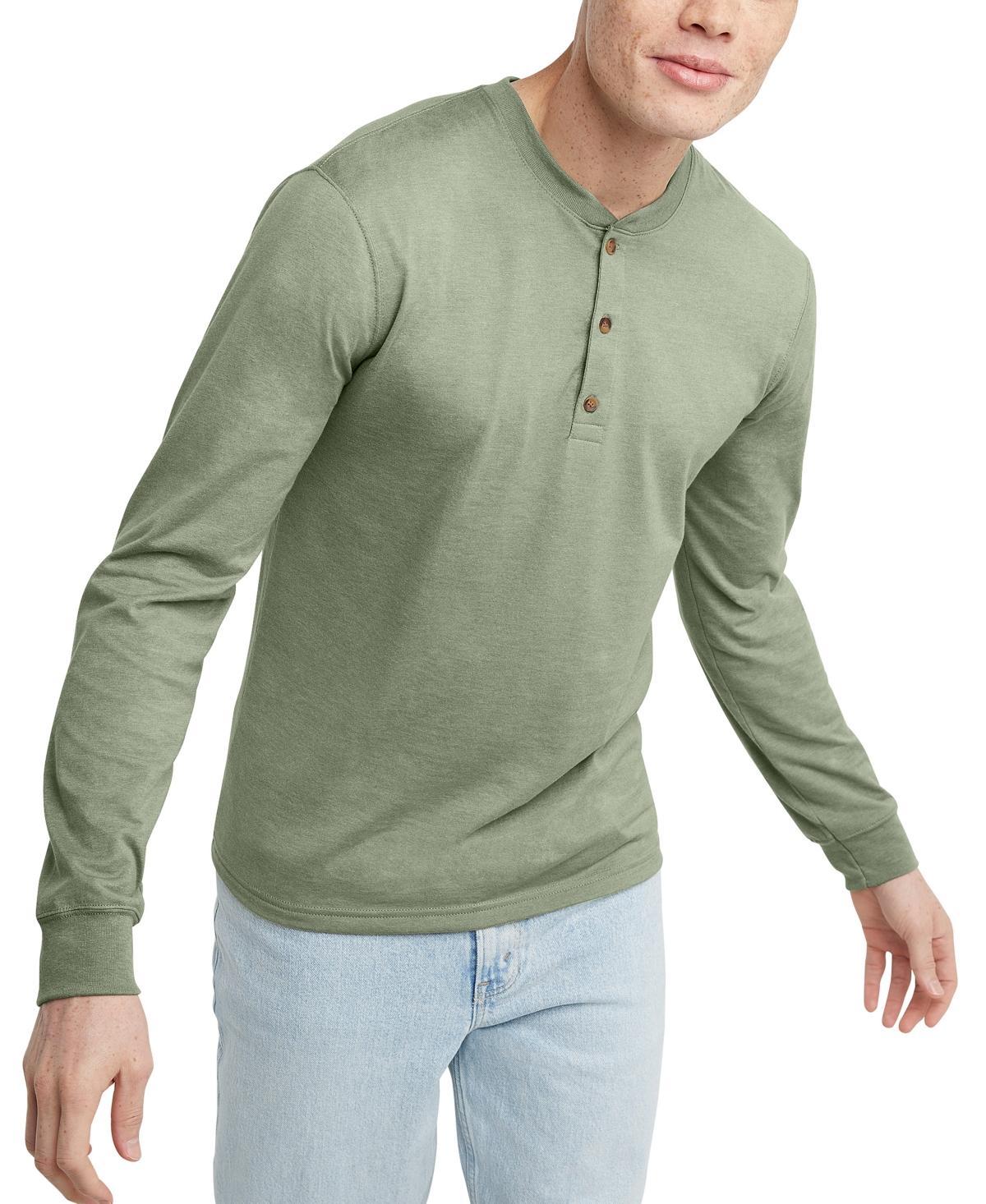 Hanes Originals Mens Cotton Long Sleeve Henley T-Shirt Equilibrium Green 3XL Product Image