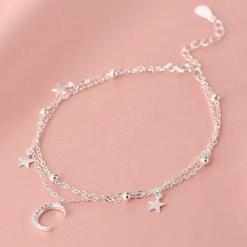 925 Sterling Silver Moon Star Layered Bracelet Product Image