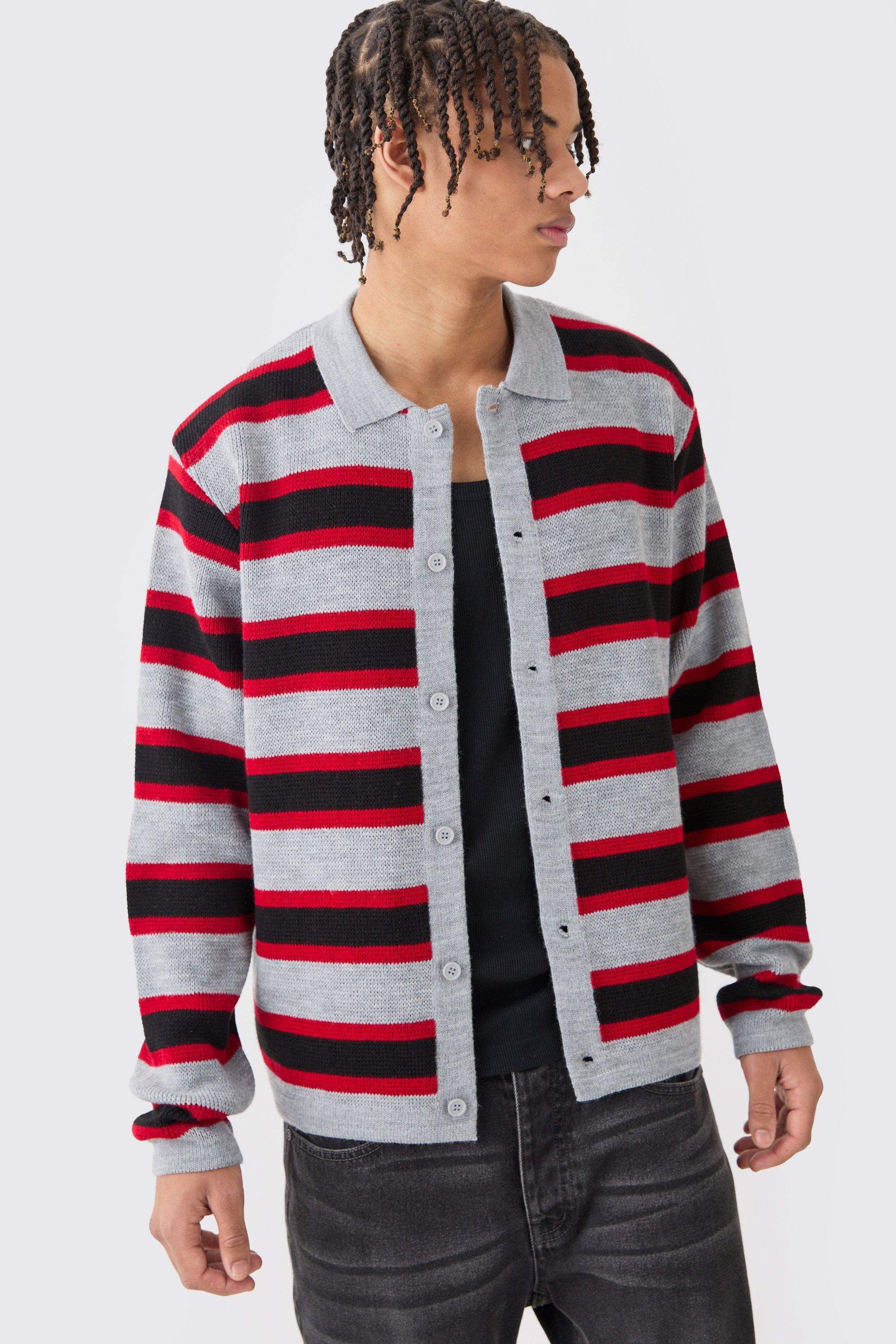 Mens Oversized Long Sleeve Stripe Knit Shirt In Black, Black Product Image